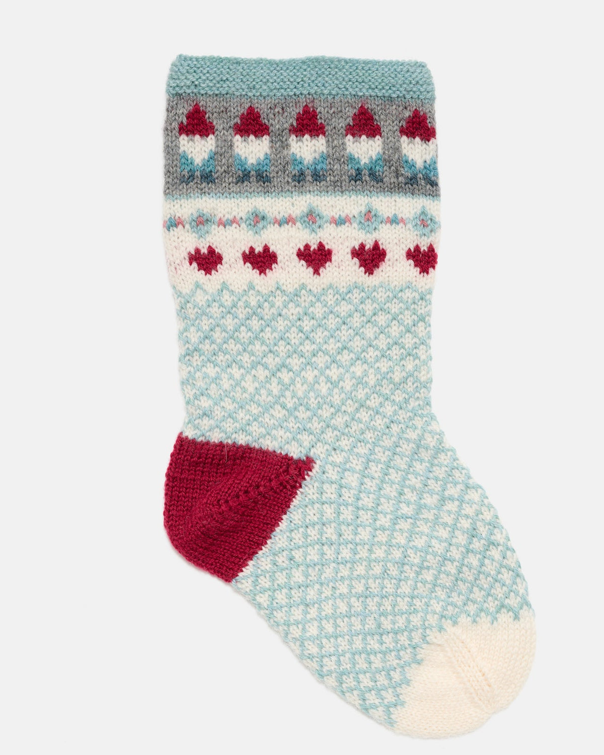 LF07 - gestrickte Weihnachtssocke mit kleinen Gnomen und türkisfarbenem Rudermuster Anleitungen